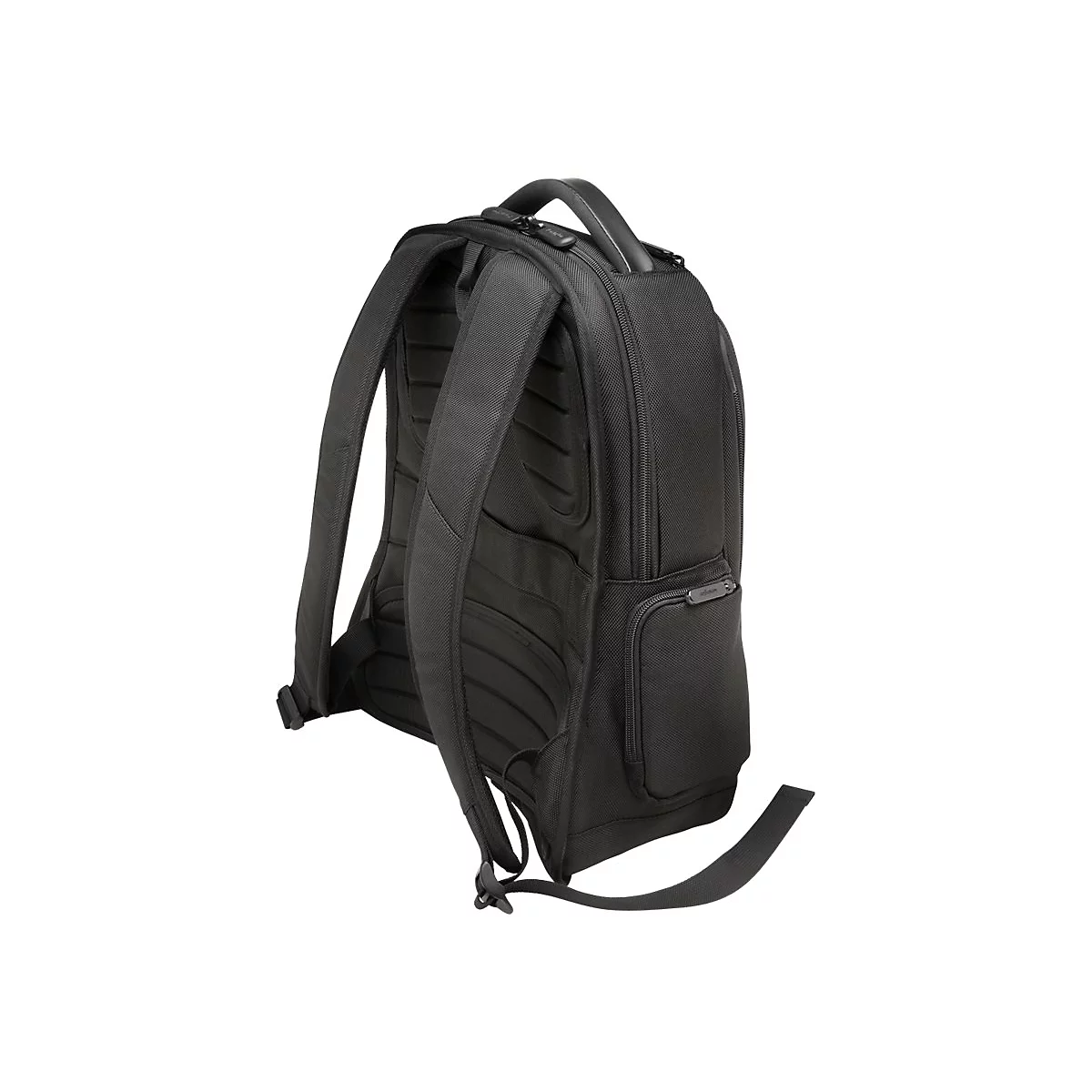 Sac à dos noir avec plusieurs compartiments et bretelles. Poignée sur le dessus. Vue latérale.