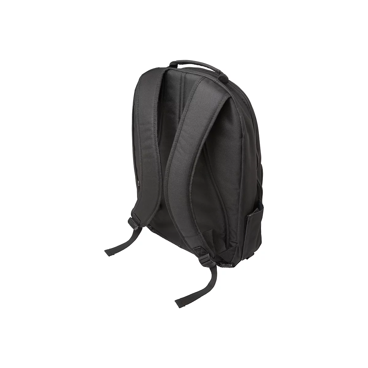 Vue détaillée d'un sac à dos noir isolé sur fond blanc.