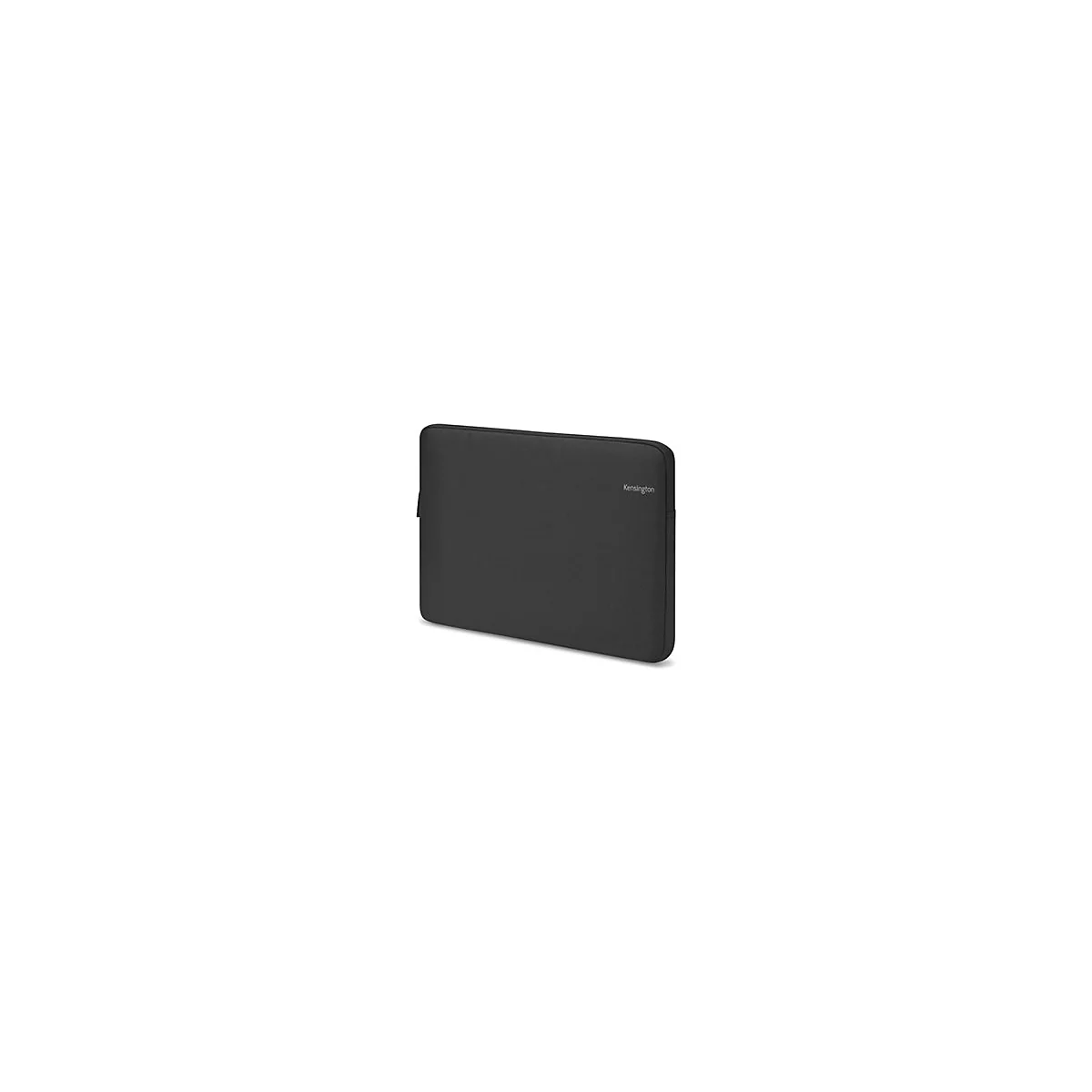 Schwarze Laptop-Hülle mit dezentem Kensington-Logo. Rechteckige Form, weiches Material.