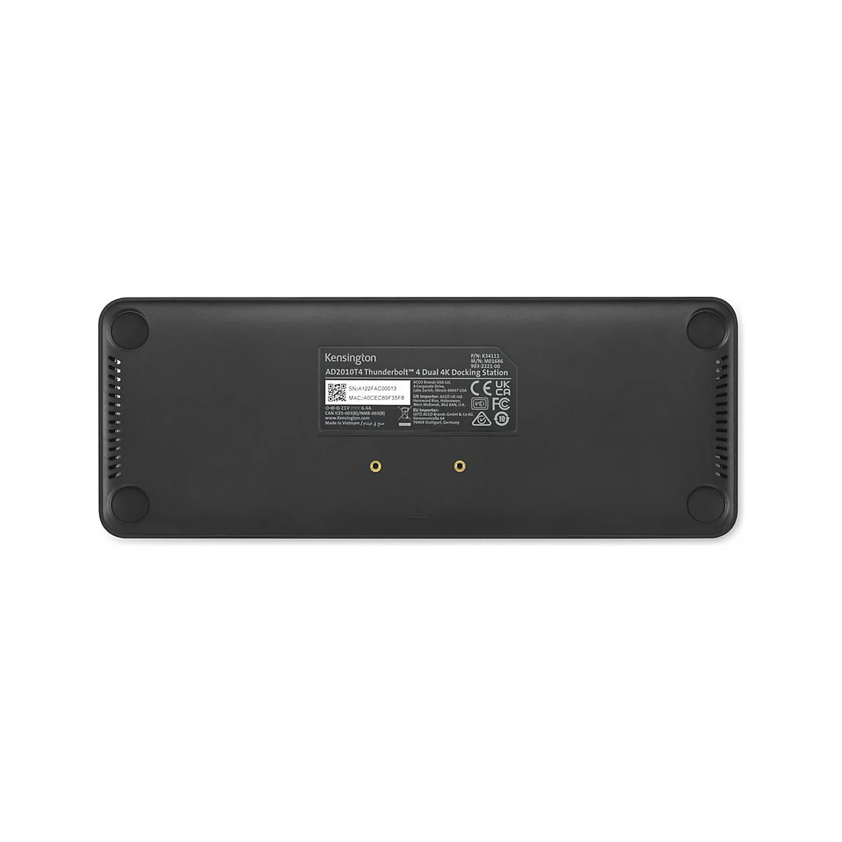 Schwarze Dockingstation von Kensington, Unterseite mit Produktinformationen und Gummi-FÃ¼ÃŸen.