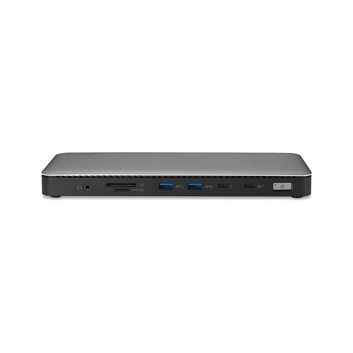 Graues Dockingstation-GerÃ¤t mit verschiedenen AnschlÃ¼ssen wie USB und SD-Karten-Slot. Rechts befindet sich ein Power-Button.