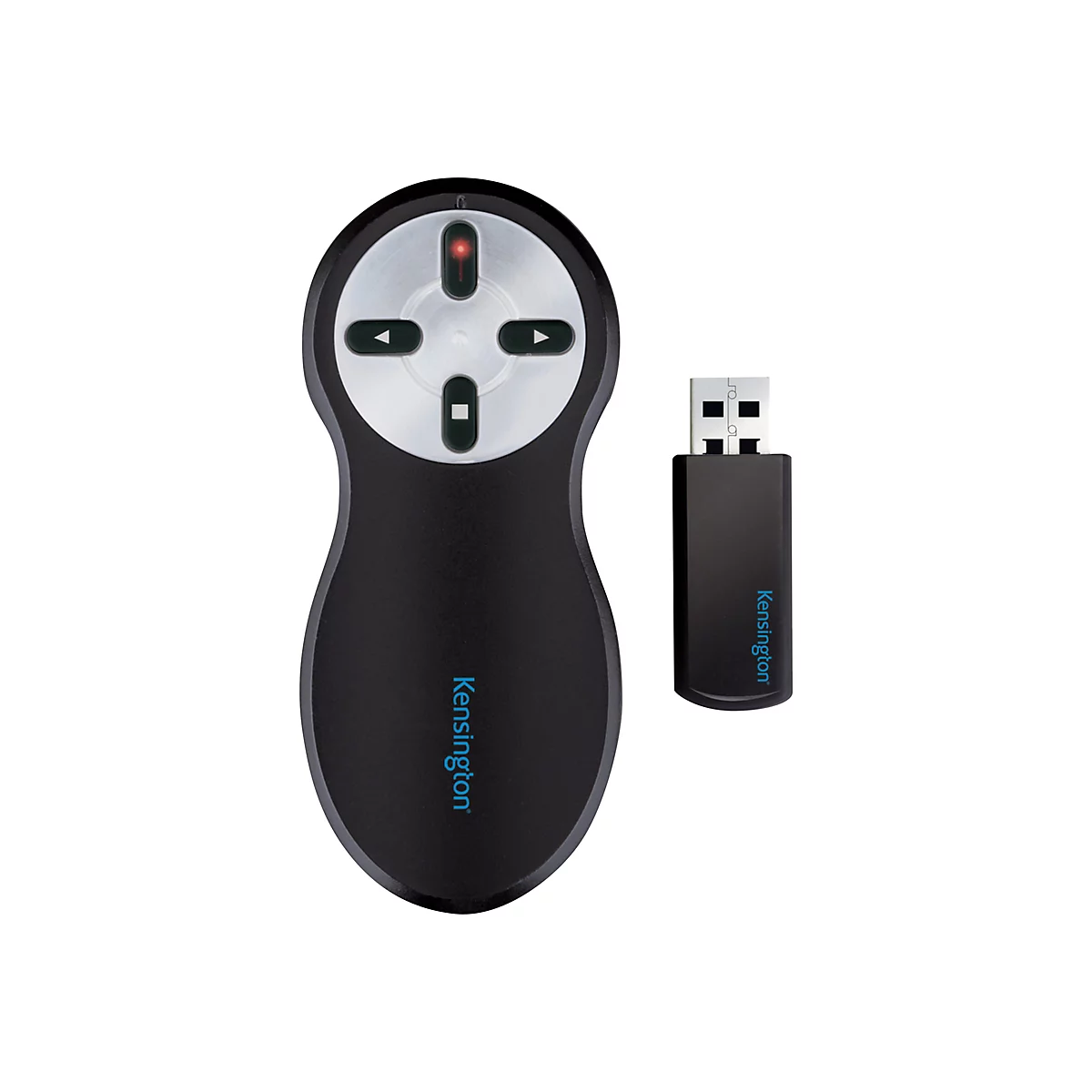 Kensington Presenter-Fernbedienung mit USB-Empfänger auf weißem Hintergrund.