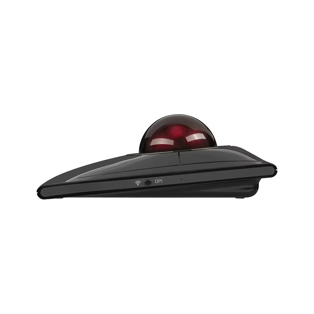 Schwarze Trackball-Maus mit roter Kugel. Auf der Seite steht "DPI".