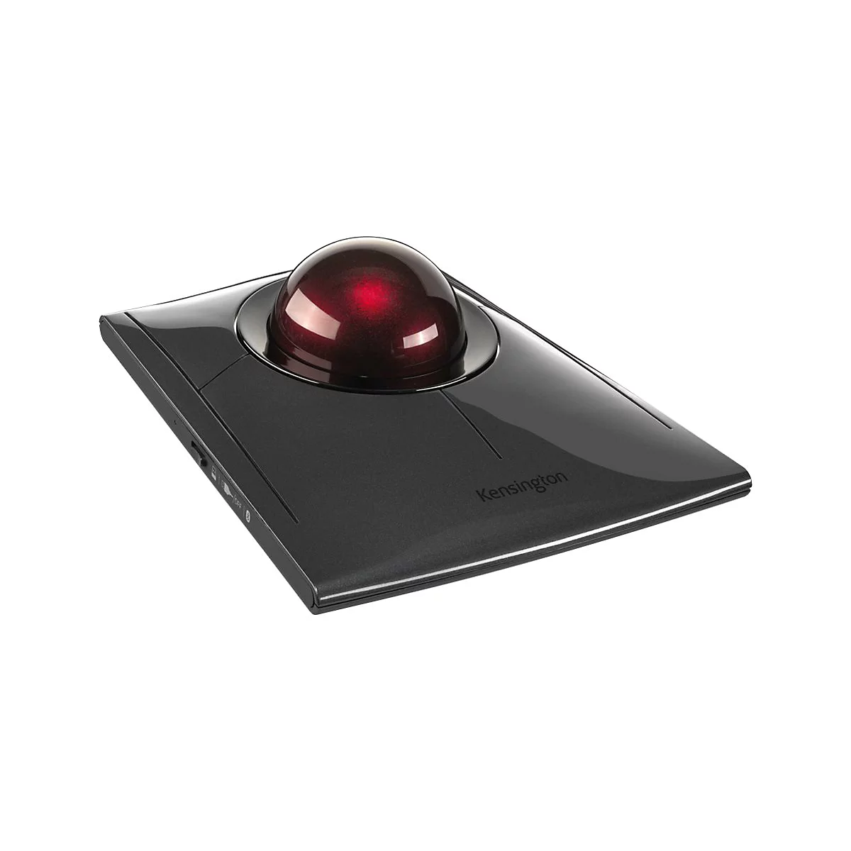 Schwarze Kensington Trackball Maus mit roter Kugel. Der Schriftzug "Kensington" ist zu sehen.