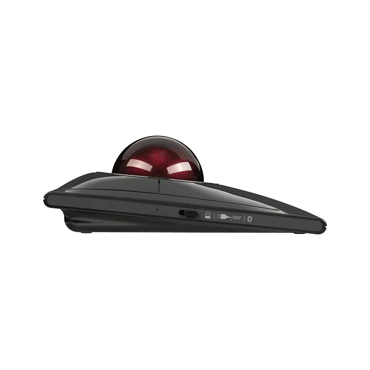 Schwarze Trackball-Maus mit burgunderroter Kugel. Am Rand befinden sich Symbole: Bluetooth, Ein/Aus, Akku.