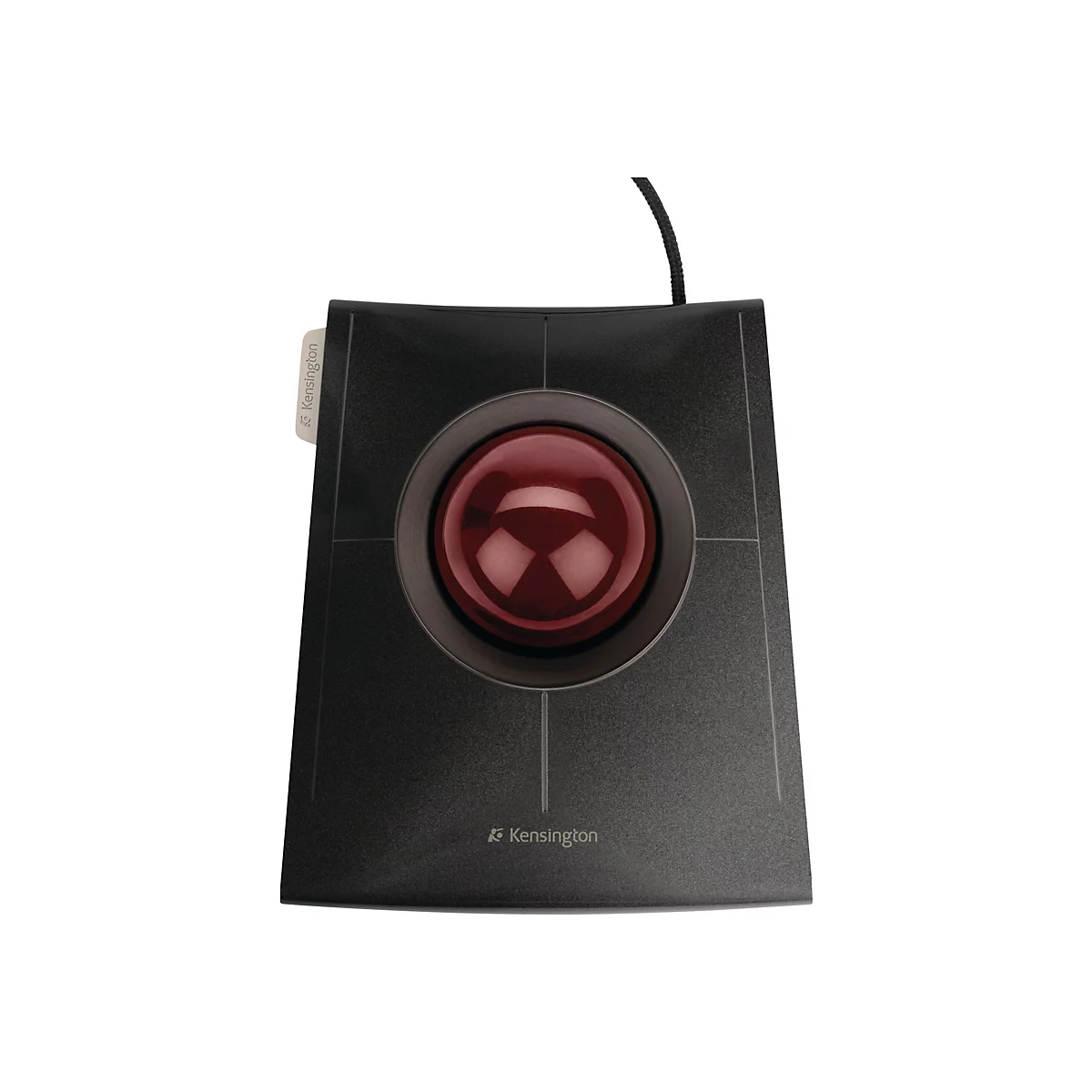 Kensington Trackball-Maus mit schwarzem Gehäuse und großer, roter Kugel vor weißem Hintergrund.