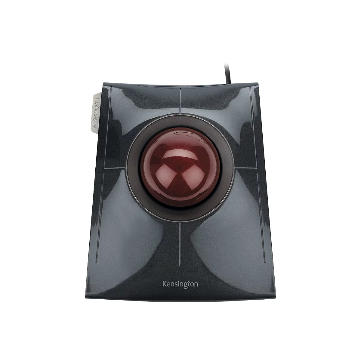 Kensington Trackball-Maus in Dunkelgrau mit großer, roter Kugel vor weißem Hintergrund.