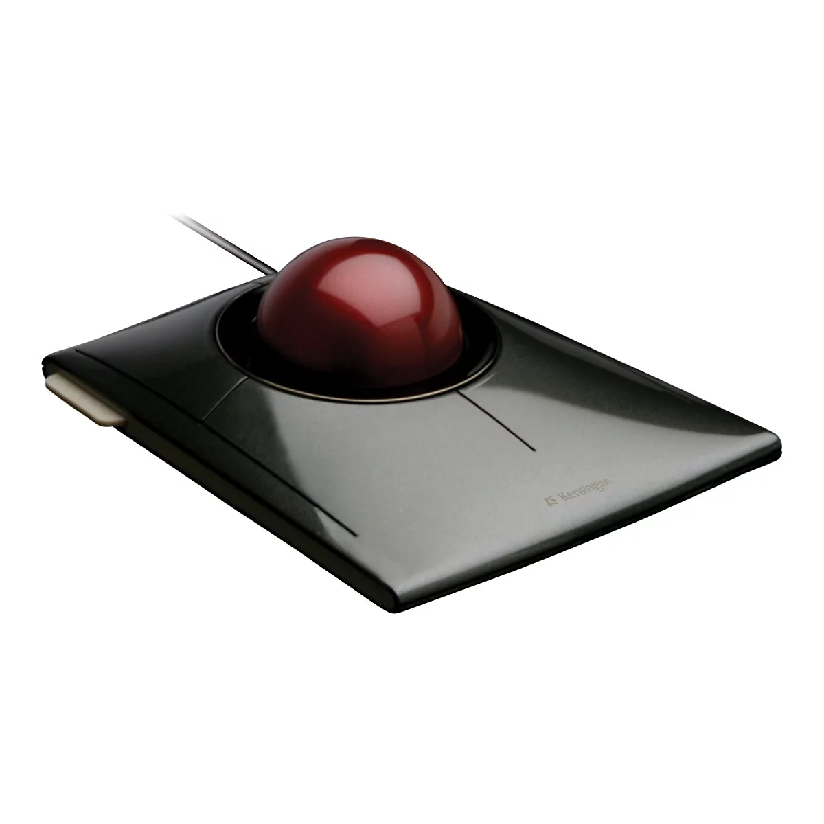 Kensington Trackball-Maus mit glänzend dunkelgrauem Gehäuse und großer, roter Kugel.