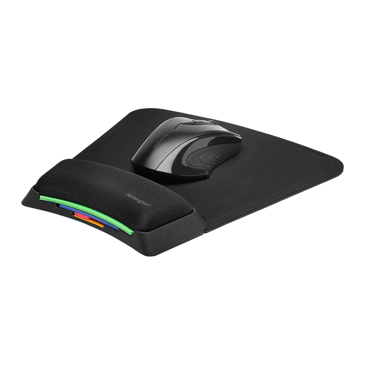 Black mousepad with wrist rest and mouse. The rest has colored accents. Mouse is also black.
