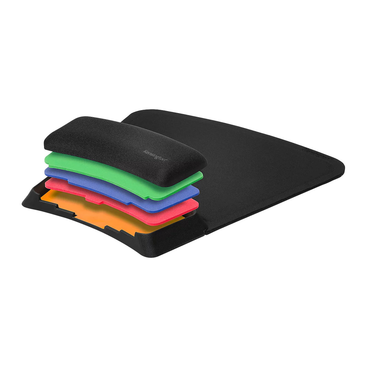 Black mousepad with wrist rest. Various colored layers. Kensington inscription.
