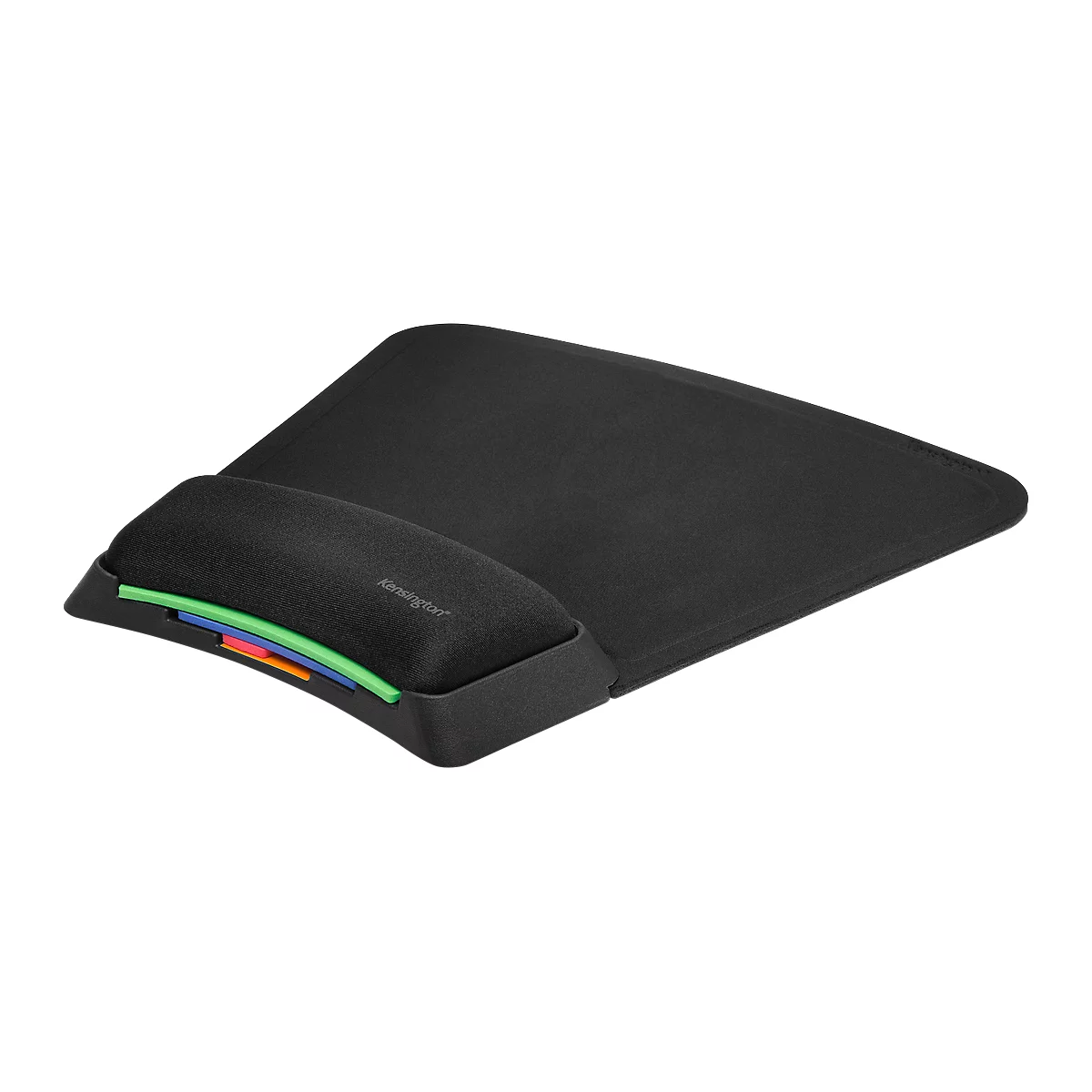 Black ergonomic mouse pad with wrist rest. Colorful accents, including green, blue, and orange.