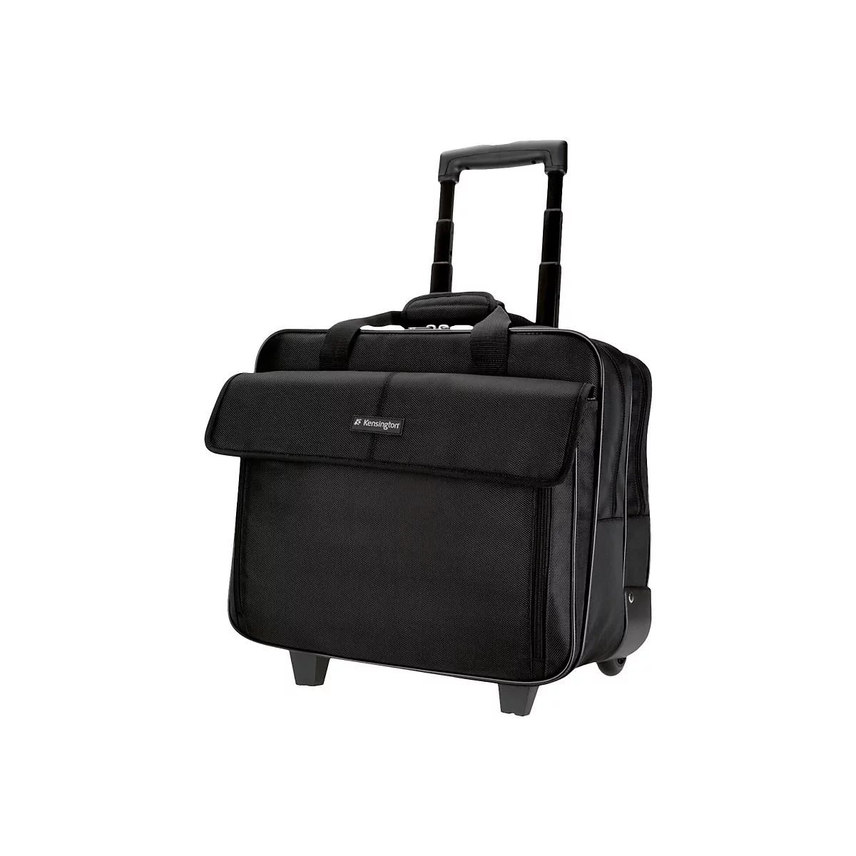Schwarze Laptop-Trolley-Tasche, Griff ausgezogen, Kensington-Logo.