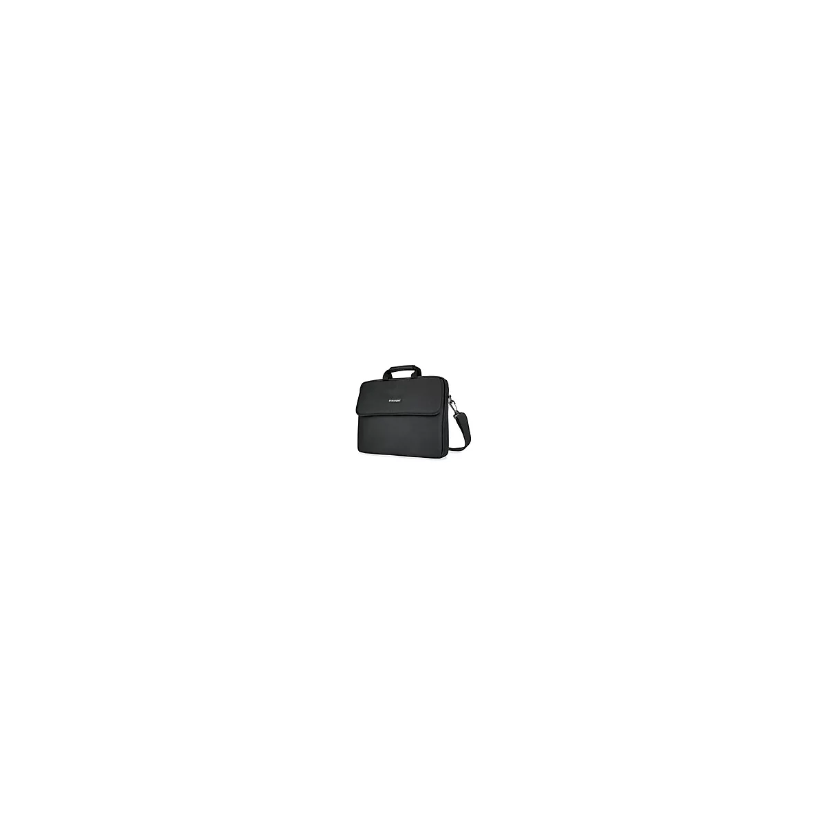 Schwarze Laptoptasche mit Tragegriff und Schultergurt. Auf der Klappe ist ein Logo angebracht.