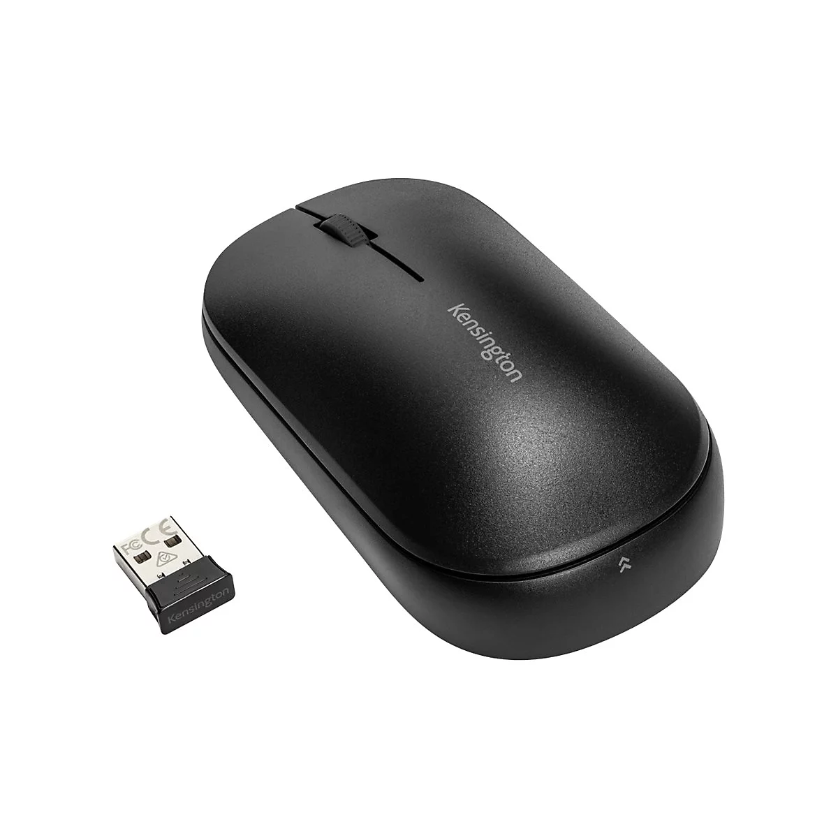 Schwarze Kensington-Maus mit USB-Empfänger auf weißem Hintergrund. Mausrad und Markenlogo sichtbar.