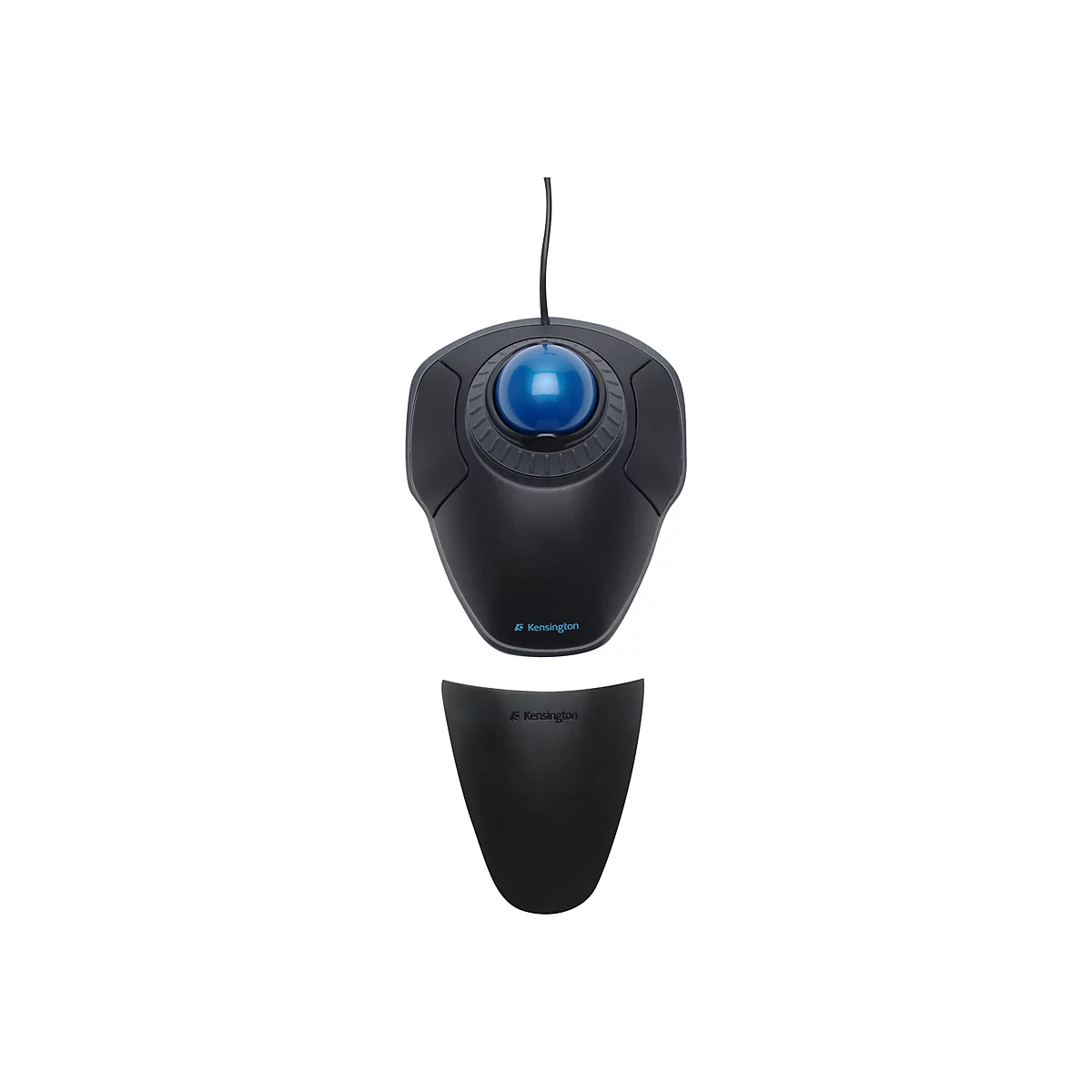 Souris trackball noire avec boule bleue et repose-main amovible. Le logo Kensington est sur la souris.