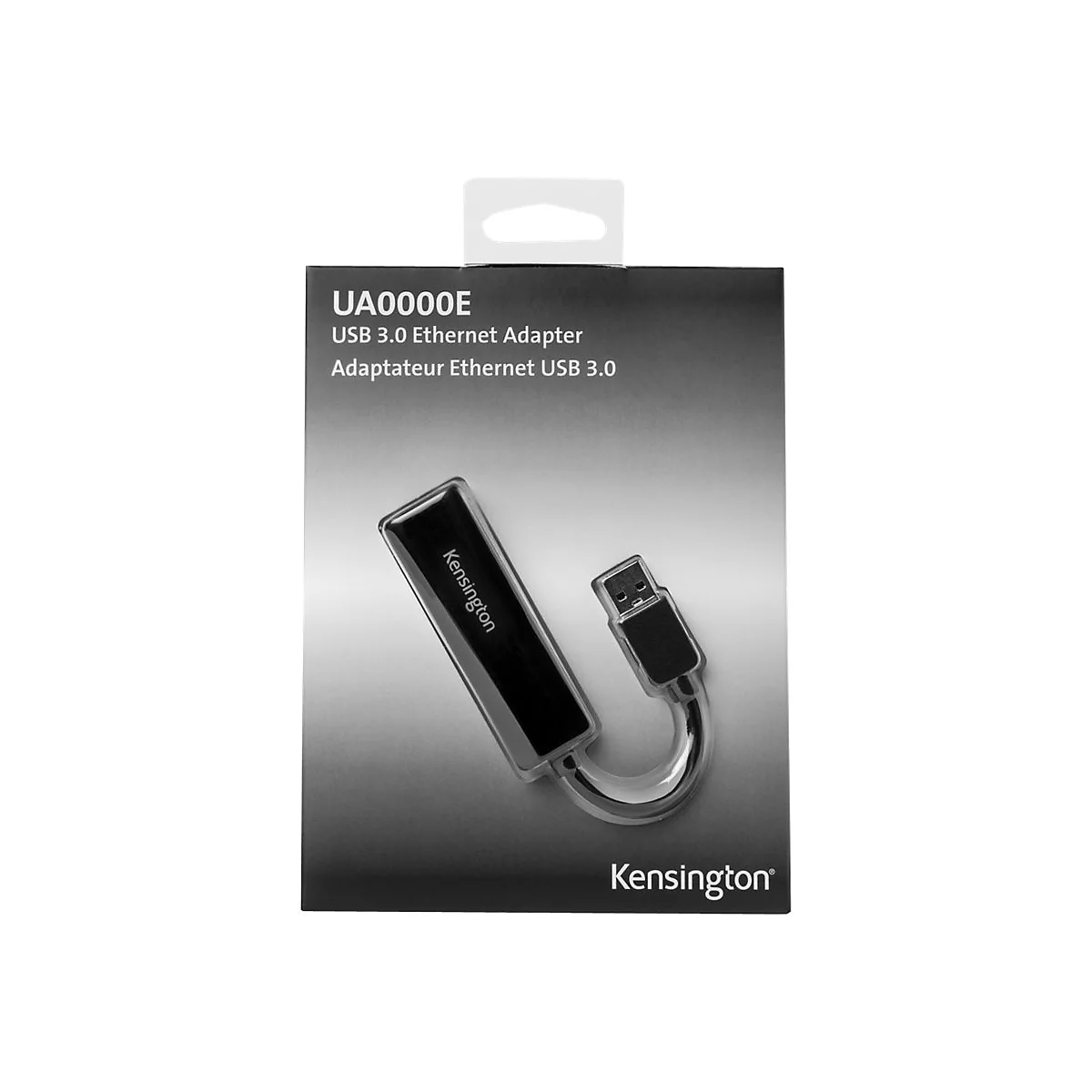 Ein USB 3.0 Ethernet-Adapter mit Verpackung, UA0000E. Der Adapter ist schwarz und hat das Kensington-Logo.