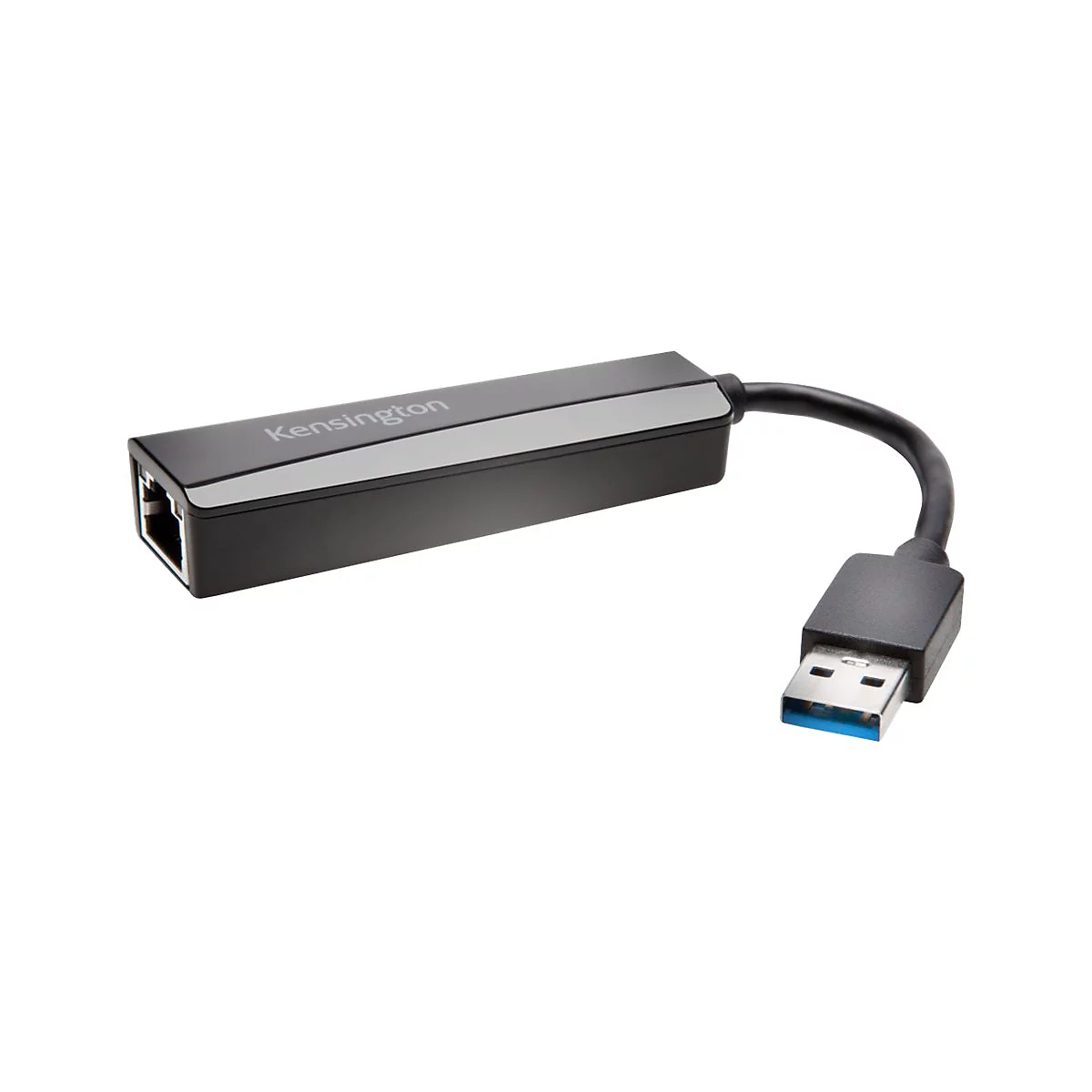 Schwarzer Ethernet-Adapter mit USB-Stecker, Hersteller Kensignton, weiÃŸer Hintergrund.