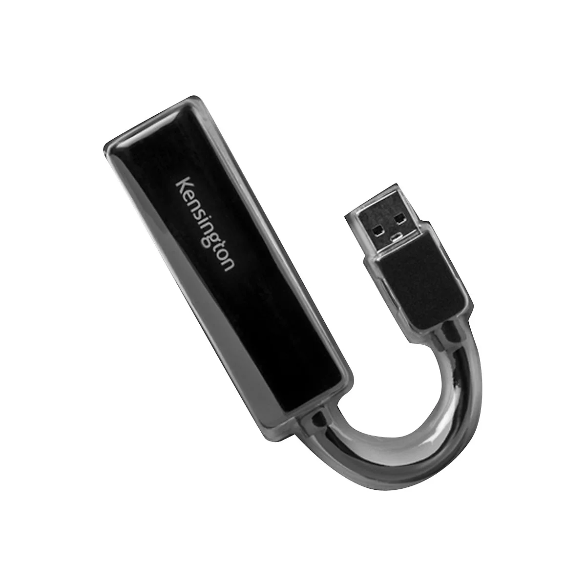 Schwarz glÃ¤nzender USB-Stick von Kensington mit gebogenem MetallbÃ¼gel. Der Schriftzug Kensington ist zu sehen.