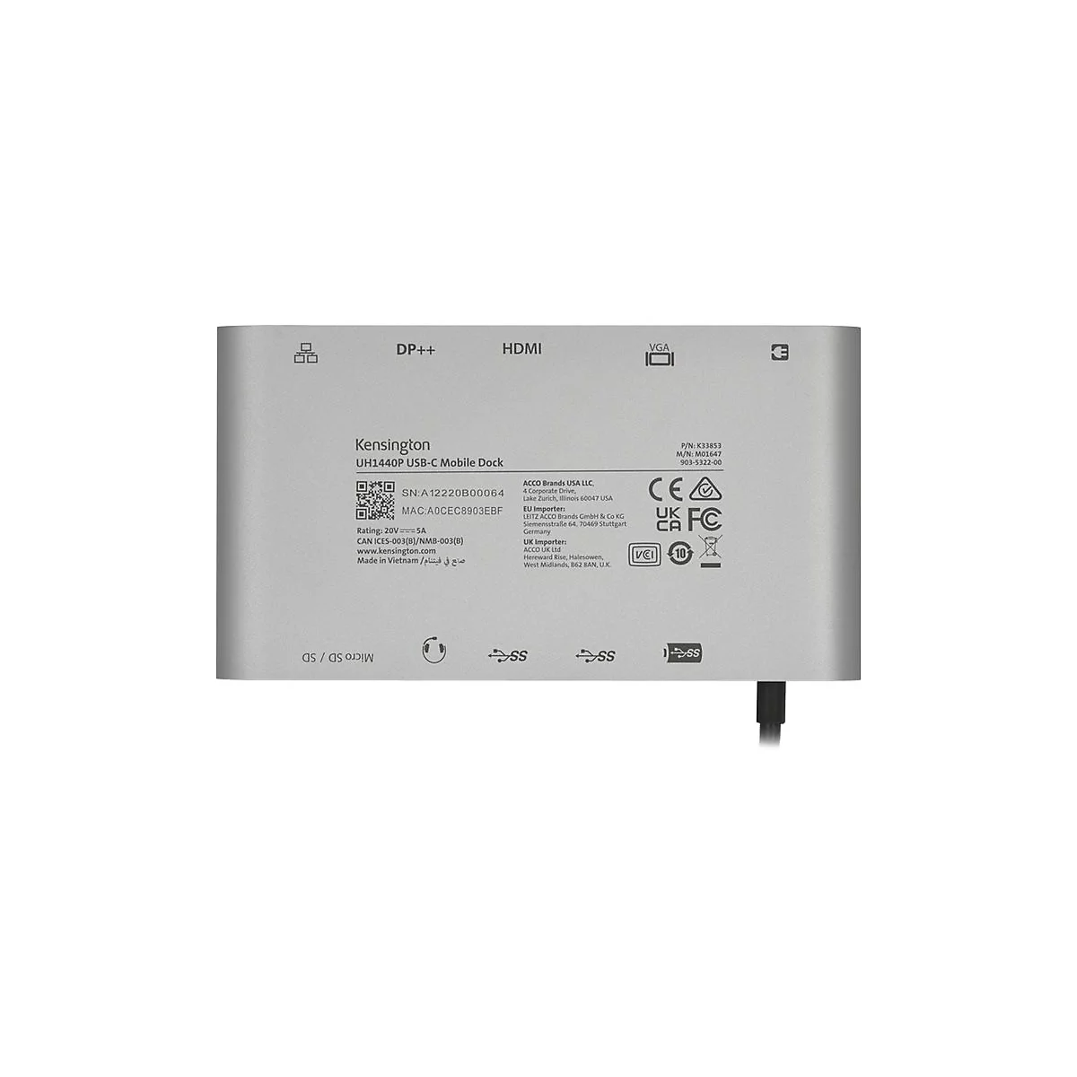 Kensington UH1440P - Dockingstation - USB-C 3.2 Gen 1 / Thunderbolt 3 / Thunderbolt 4 - DP, HDMI, VGA - 1GbE