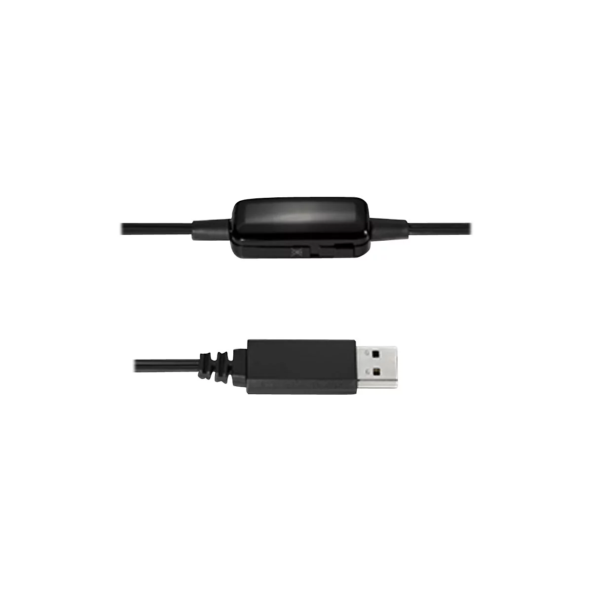 Nahaufnahme eines schwarzen USB-Kabels mit Steuerung und USB-Anschluss. Das Kabel verläuft waagerecht auf weißem Hintergrund.