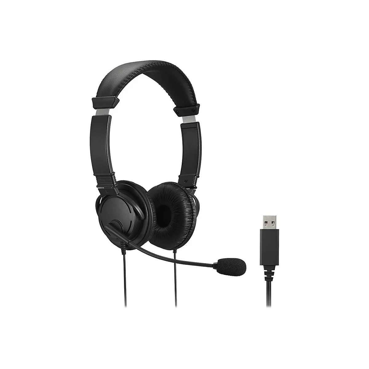 Schwarzes Headset mit Mikrofon und USB-Anschluss. Das Headset liegt frei vor weißem Hintergrund.