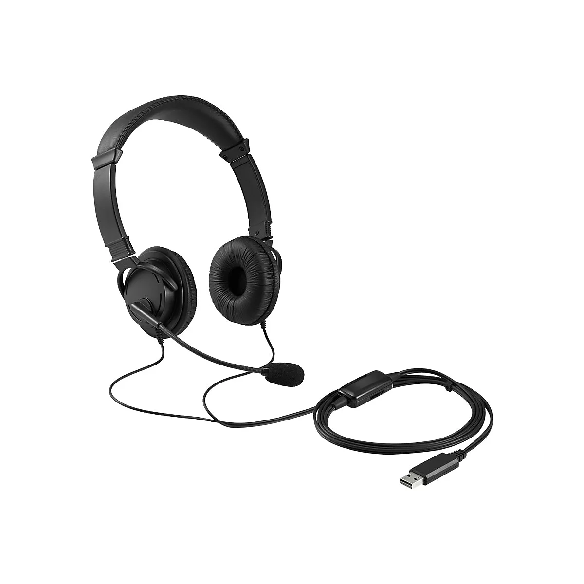 Schwarzes Headset mit Mikrofon und USB-Anschluss, isoliert auf weißem Hintergrund.