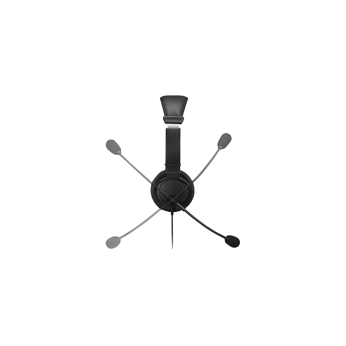 Schwarzes Headset mit ausklappbaren Mikrofonen, freigestellt auf weißem Hintergrund.