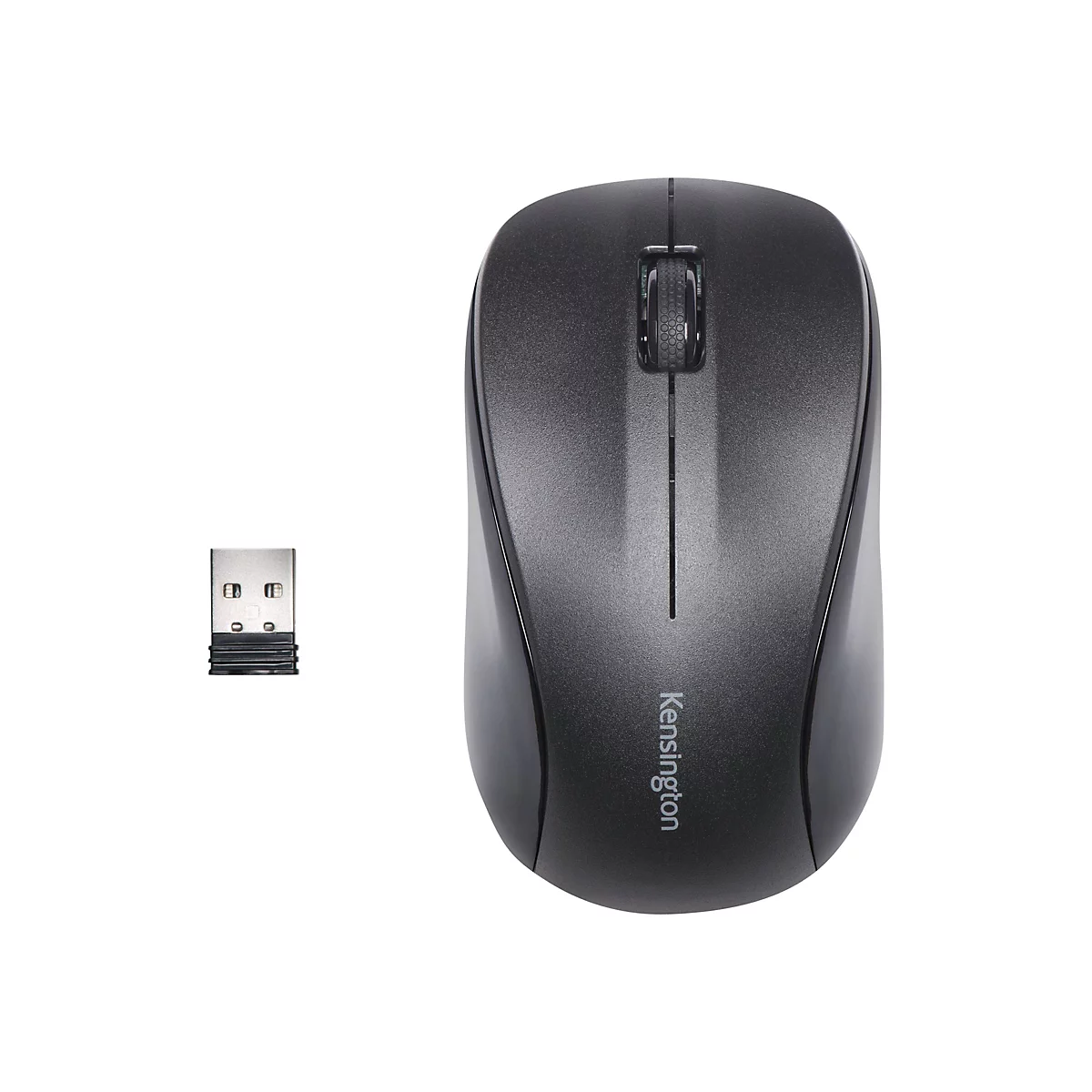 Drahtlose Maus und USB-Empfänger auf weißem Hintergrund. Die Maus ist grau und hat die Marke Kensington. Der Empfänger ist klein und silbern.
