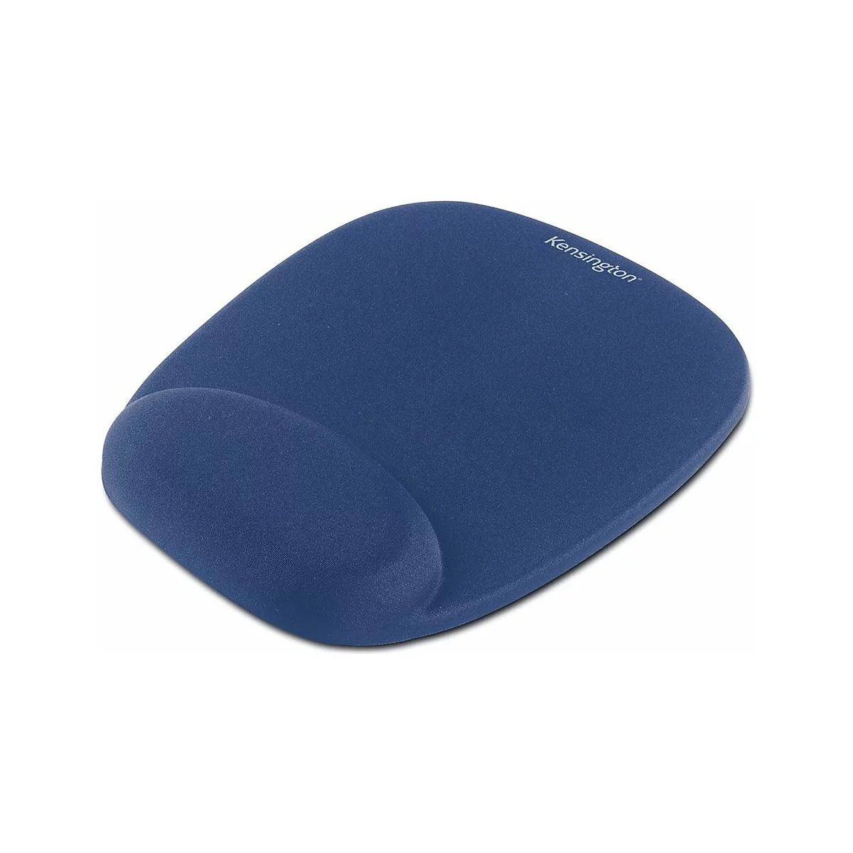 Blaues ergonomisches Mauspad mit Handgelenkstütze. Schriftzug 'Kensington'.