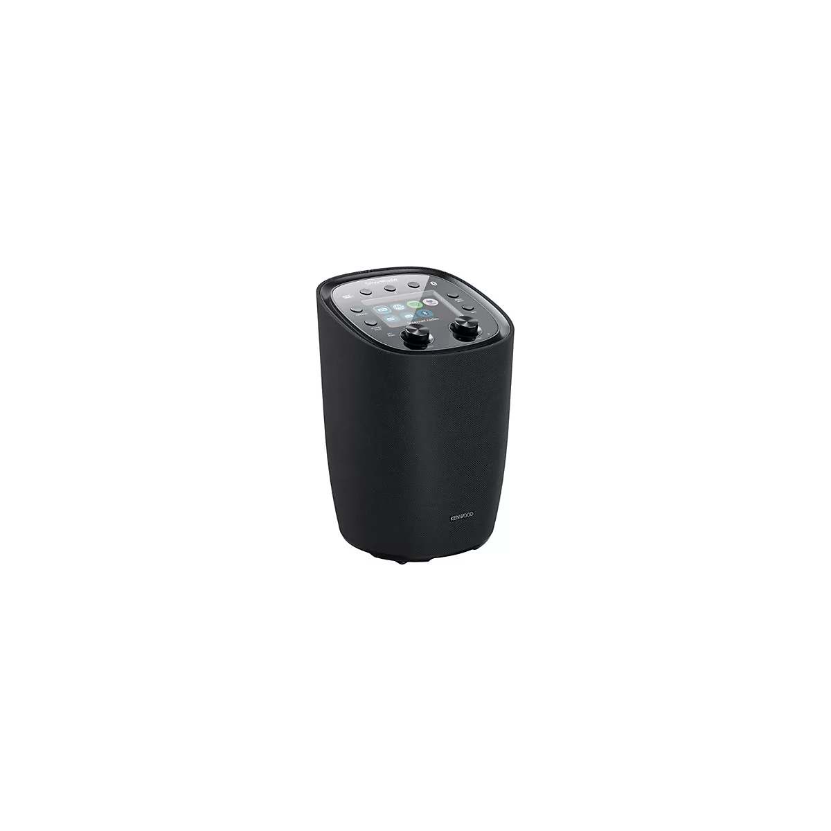 Schwarzes Kenwood SmartRadio mit Touchdisplay und Drehreglern auf der Oberseite vor weißem Hintergrund.