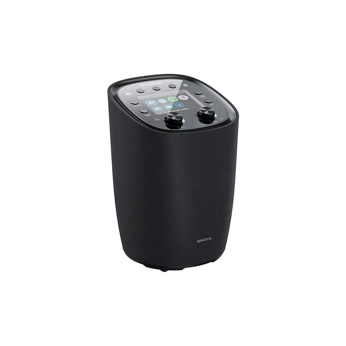 Schwarzes Kenwood SmartRadio mit Touch-Display, Drehreglern und Lautsprecherabdeckung vor weißem Hintergrund.