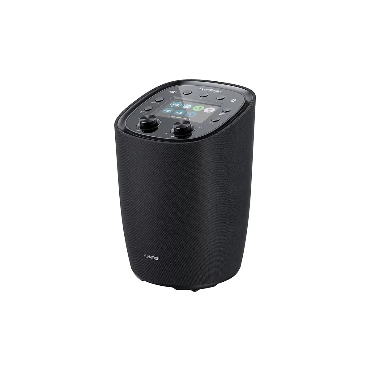 Schwarzes Kenwood SmartRadio in moderner, abgerundeter Form mit Display und Tasten an der Oberseite.