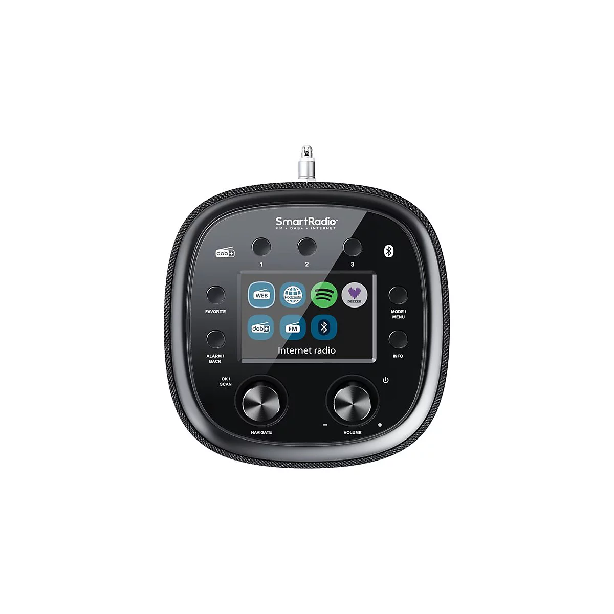 Schwarzes SmartRadio mit Display, Tasten und Drehreglern vor neutralem Hintergrund.