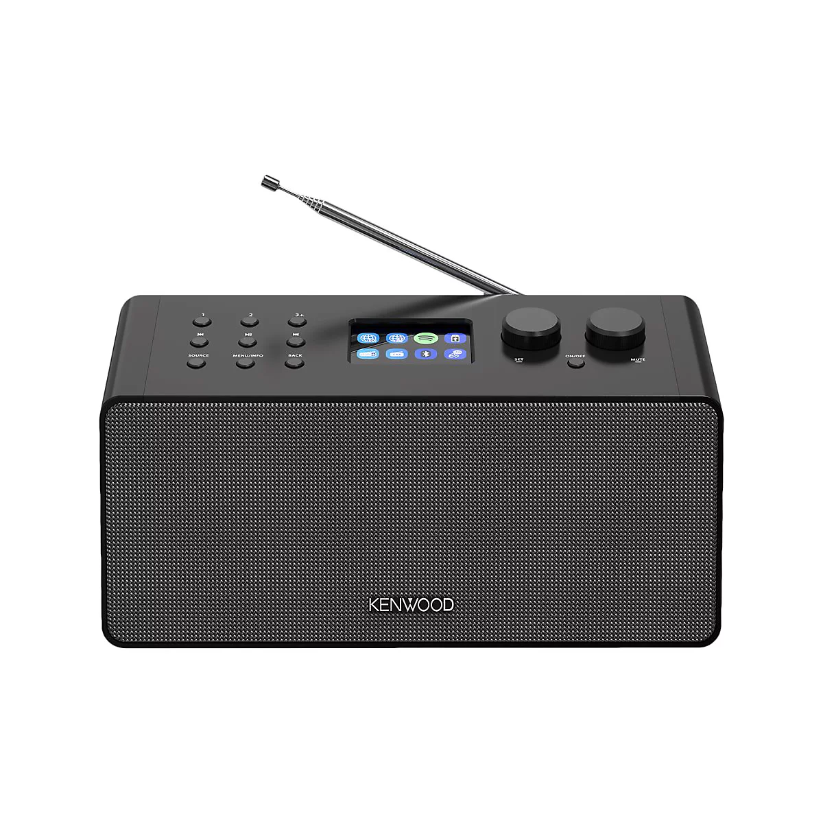 Schwarzes Kenwood Digitalradio mit Teleskopantenne, Tasten, Drehreglern und Display auf der Oberseite.