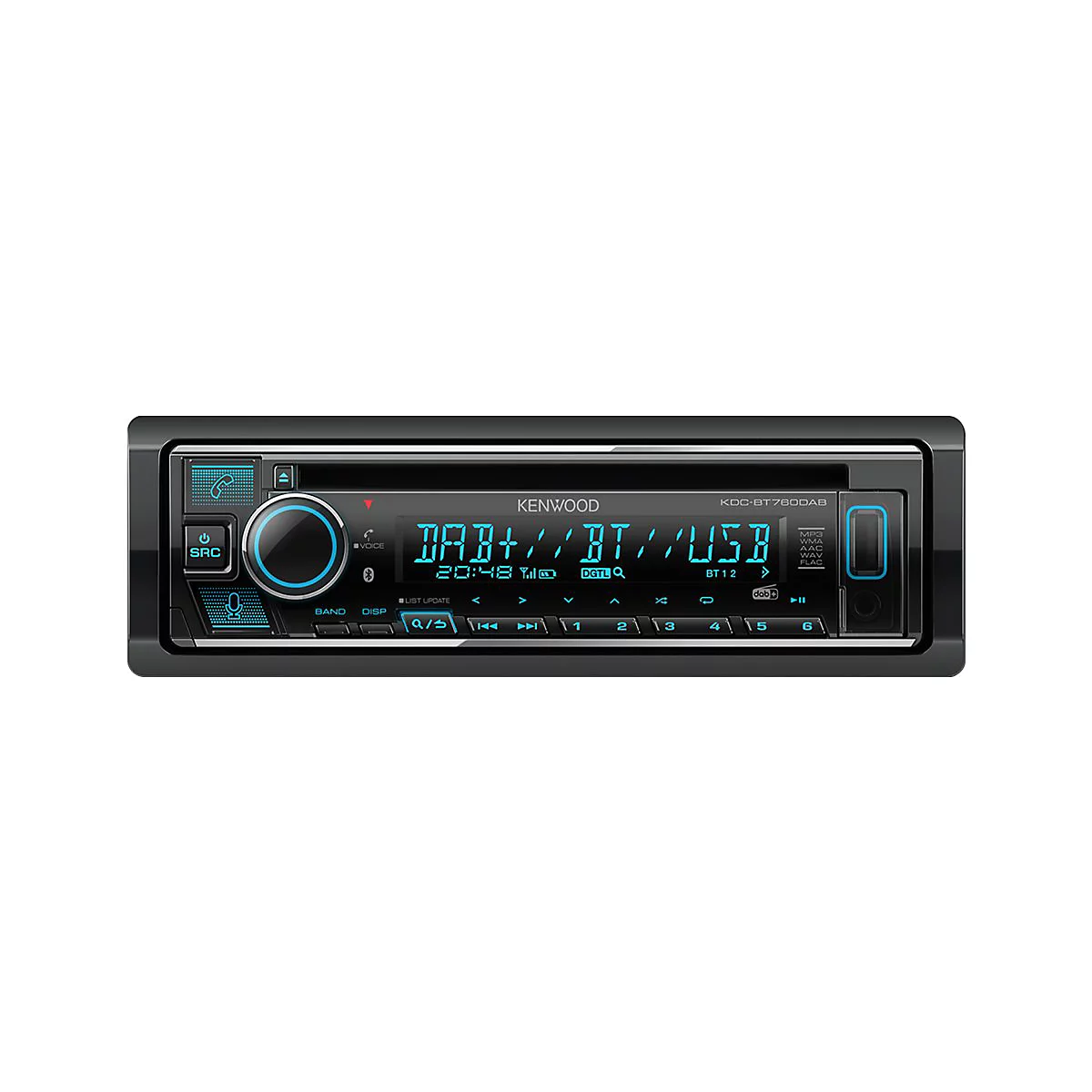 Schwarzes Autoradio, Kenwood, mit Digitalanzeige und Knöpfen. DAB+, BT und USB-Funktion.