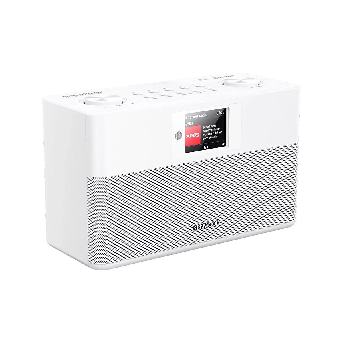 Weißes Kenwood SmartRadio mit Digitaldisplay und Lautsprechergitter vor neutralem Hintergrund.