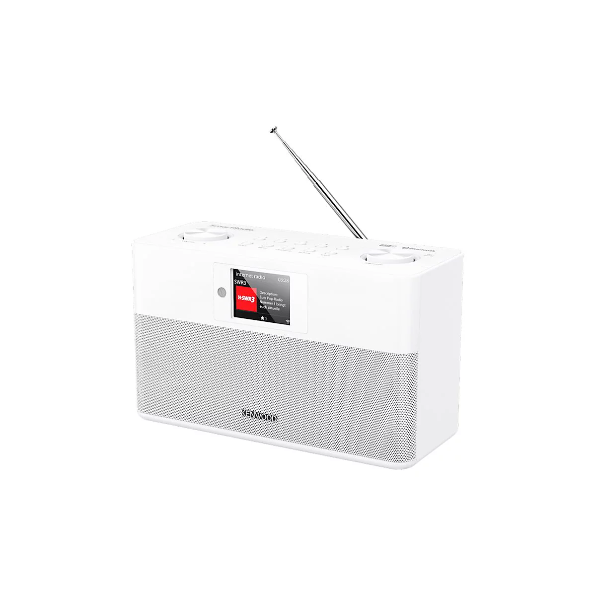 Weißes Kenwood Smartradio mit Teleskopantenne, Display und Lautsprechergitter vor neutralem Hintergrund.