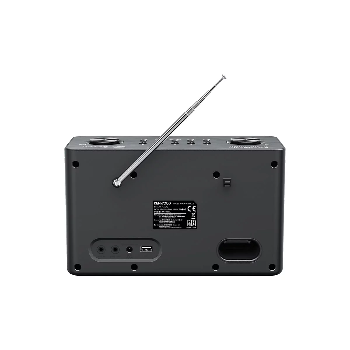 Rückansicht eines schwarzen Kenwood Smart Radios mit ausziehbarer Antenne und verschiedenen Anschlüssen.