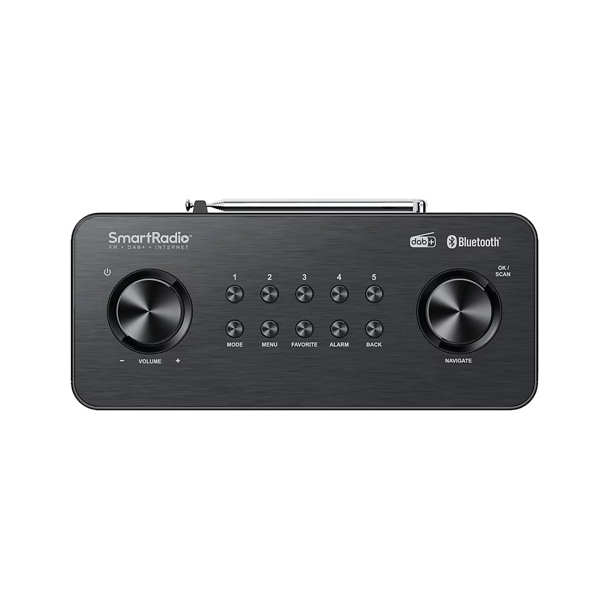 Schwarzes Digitalradio mit zwei großen Drehreglern und Tasten für Senderwahl, Lautstärke und Funktionen.