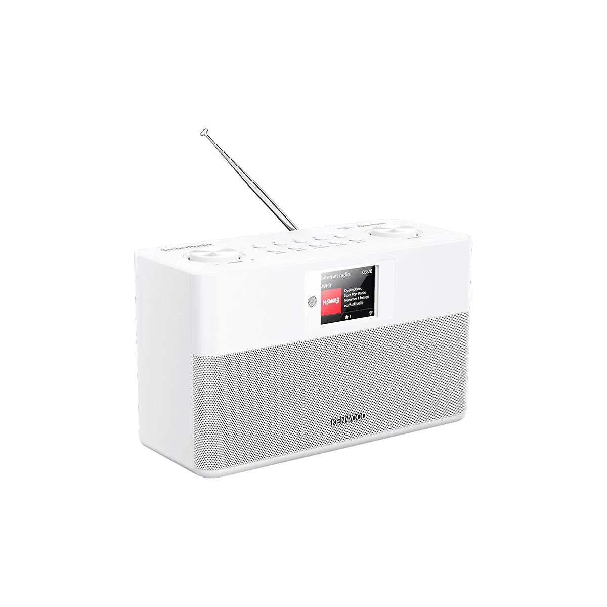 Weißes Kenwood Smartradio mit ausziehbarer Antenne und Display vor weißem Hintergrund.