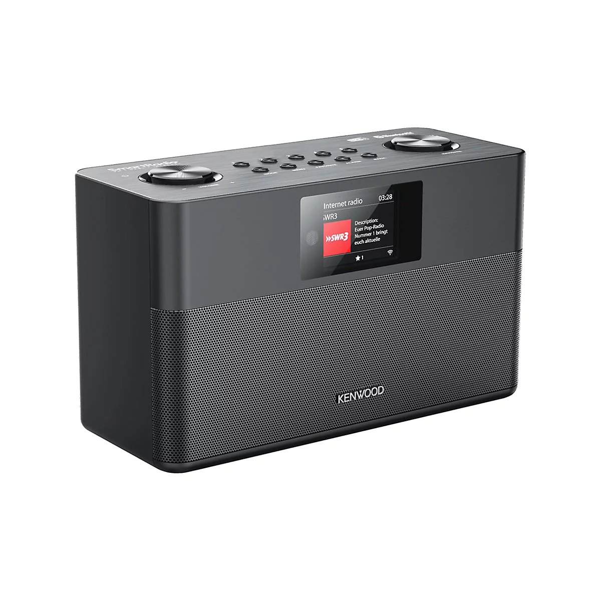 Schwarzes Kenwood SmartRadio mit Digitaldisplay, Lautsprechergitter und Bedienelementen vor weißem Hintergrund.