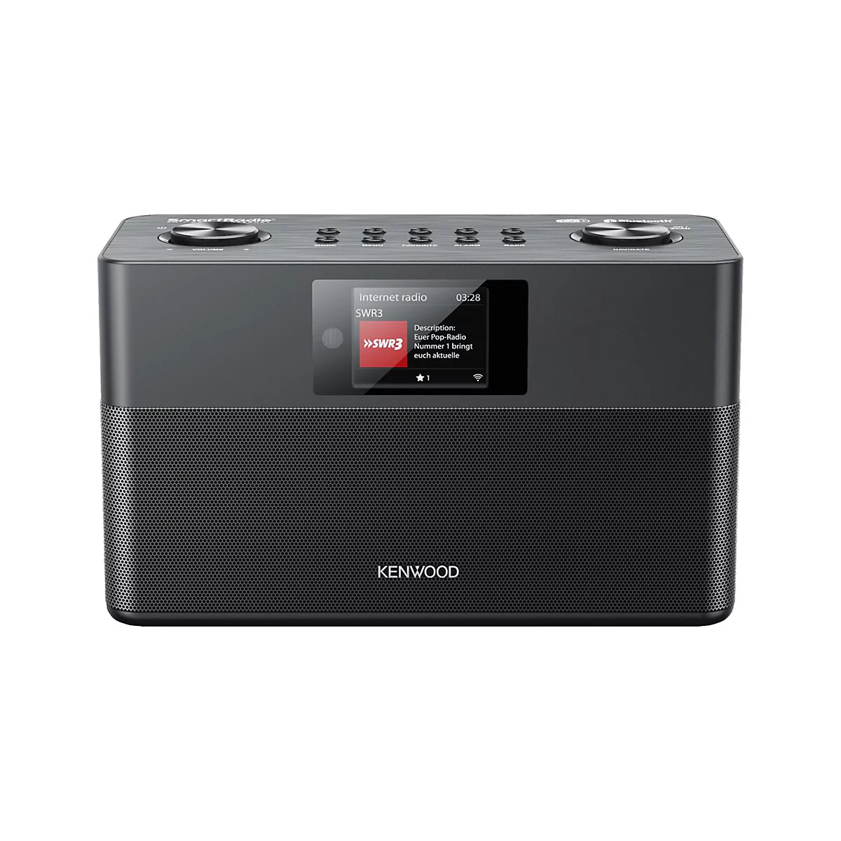 Schwarzes Kenwood SmartRadio mit Display, Lautsprechergitter und Bedienknöpfen auf weißem Hintergrund.