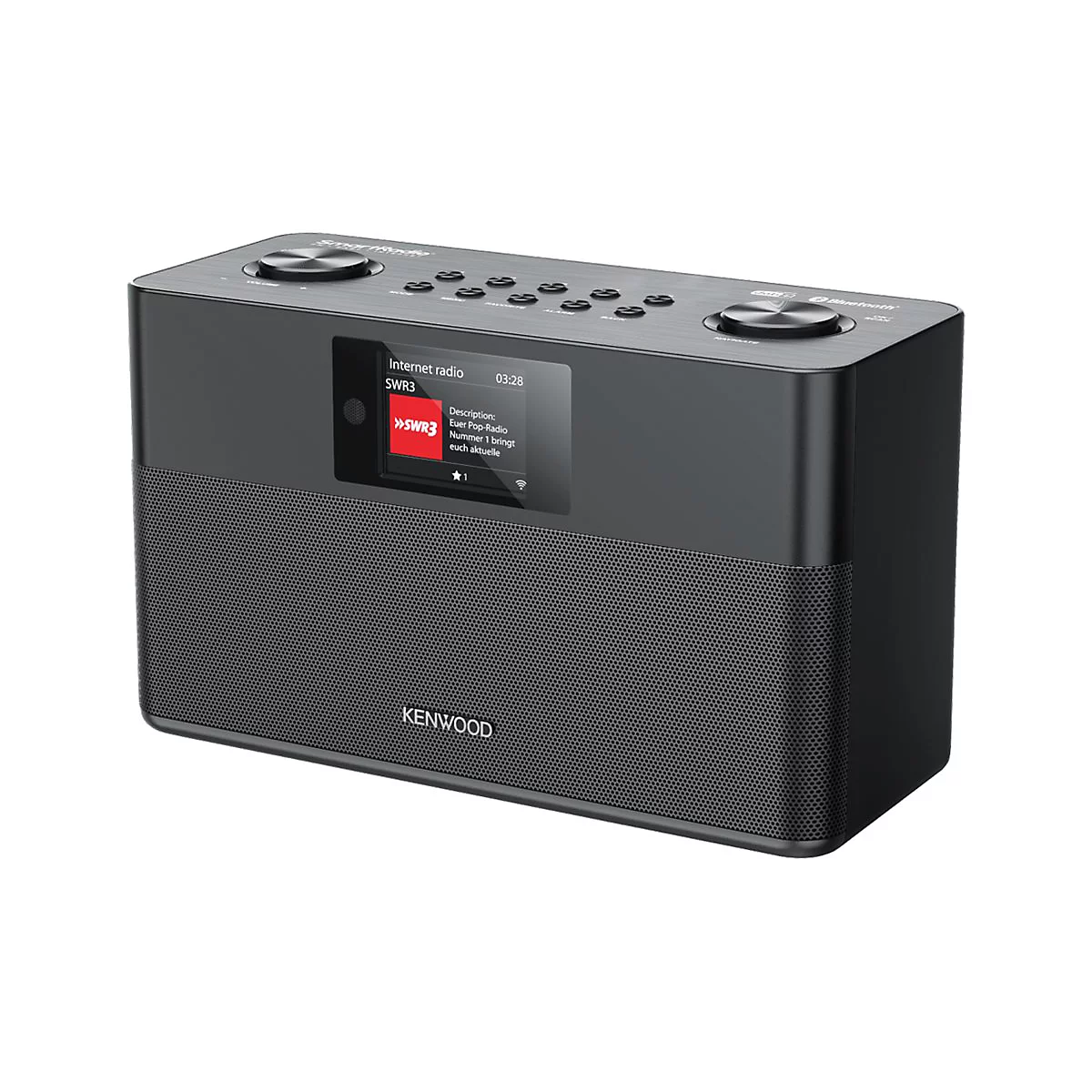 Schwarzes Kenwood SmartRadio mit Lautsprechergitter, Display, Bedientasten und Drehreglern vor weißem Hintergrund.