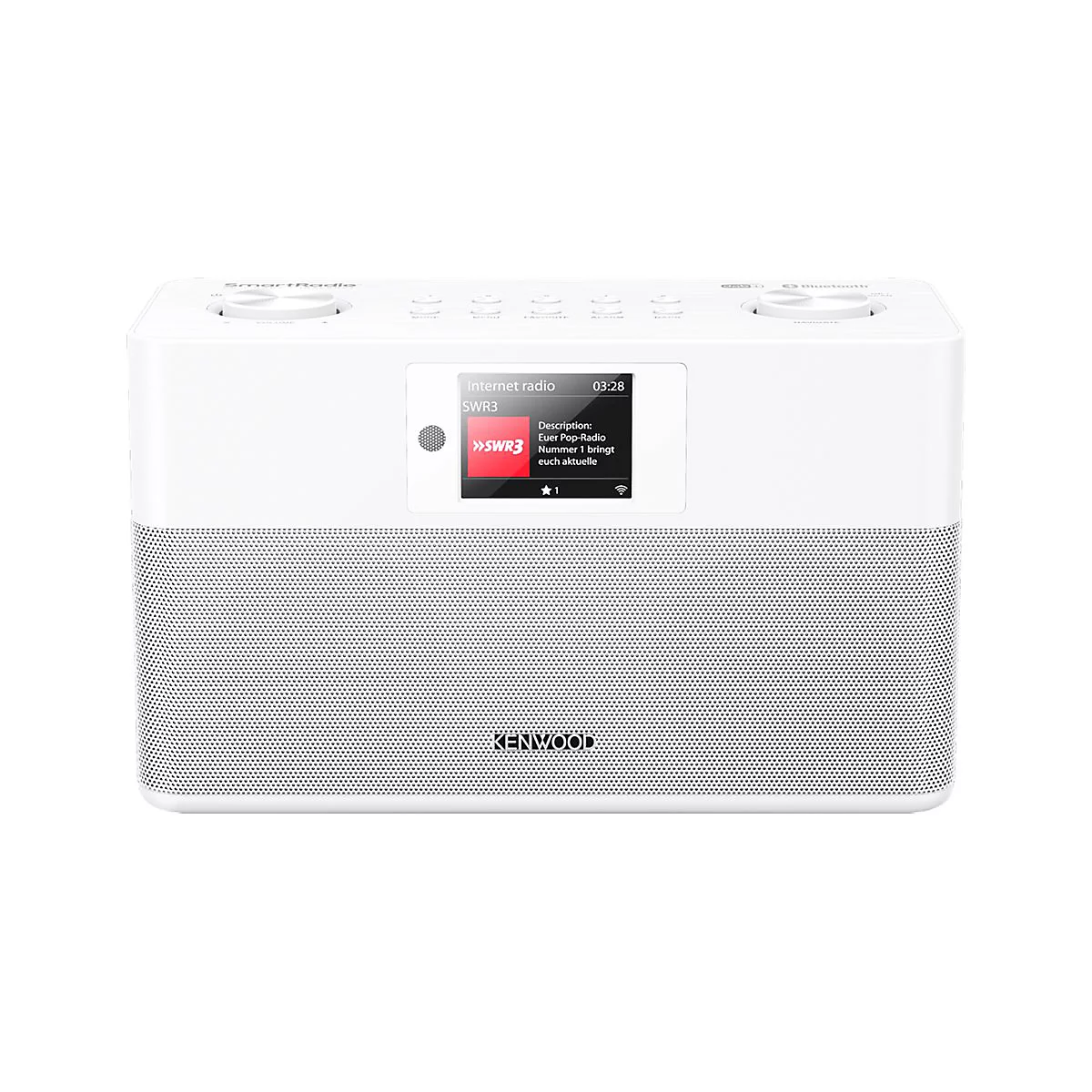 Weißes Kenwood Smartradio mit Display vor neutralem Hintergrund.