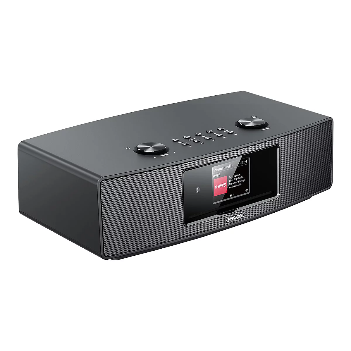 Schwarzes Kenwood Internetradio mit Display, Tasten und Drehreglern vor weißem Hintergrund.