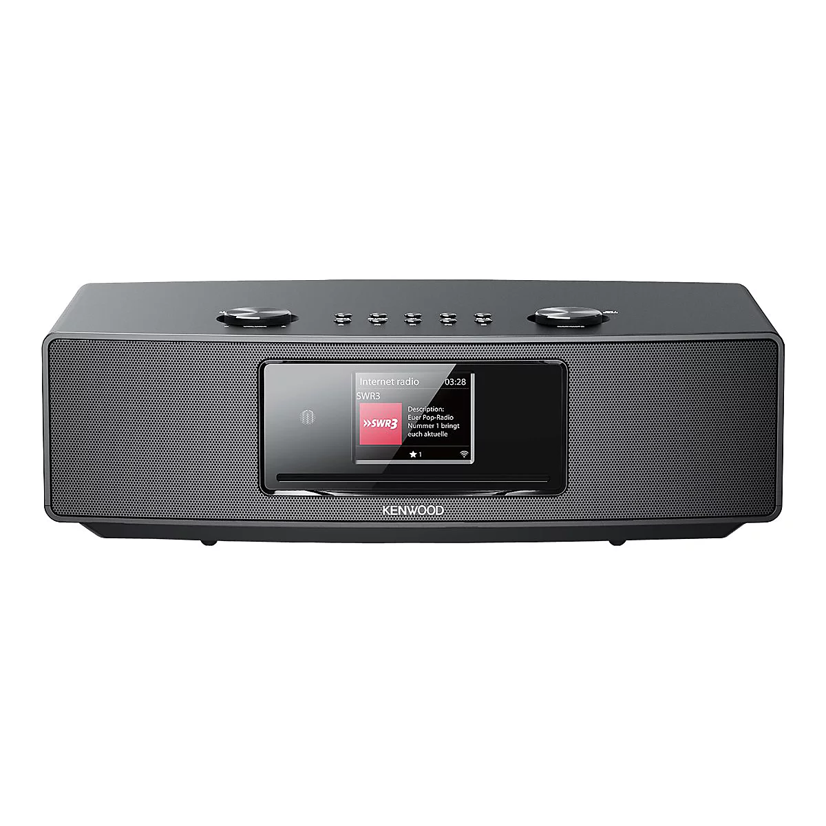Schwarzes Kenwood Internetradio mit Display, das den Sender SWR3 anzeigt, vor neutralem Hintergrund.