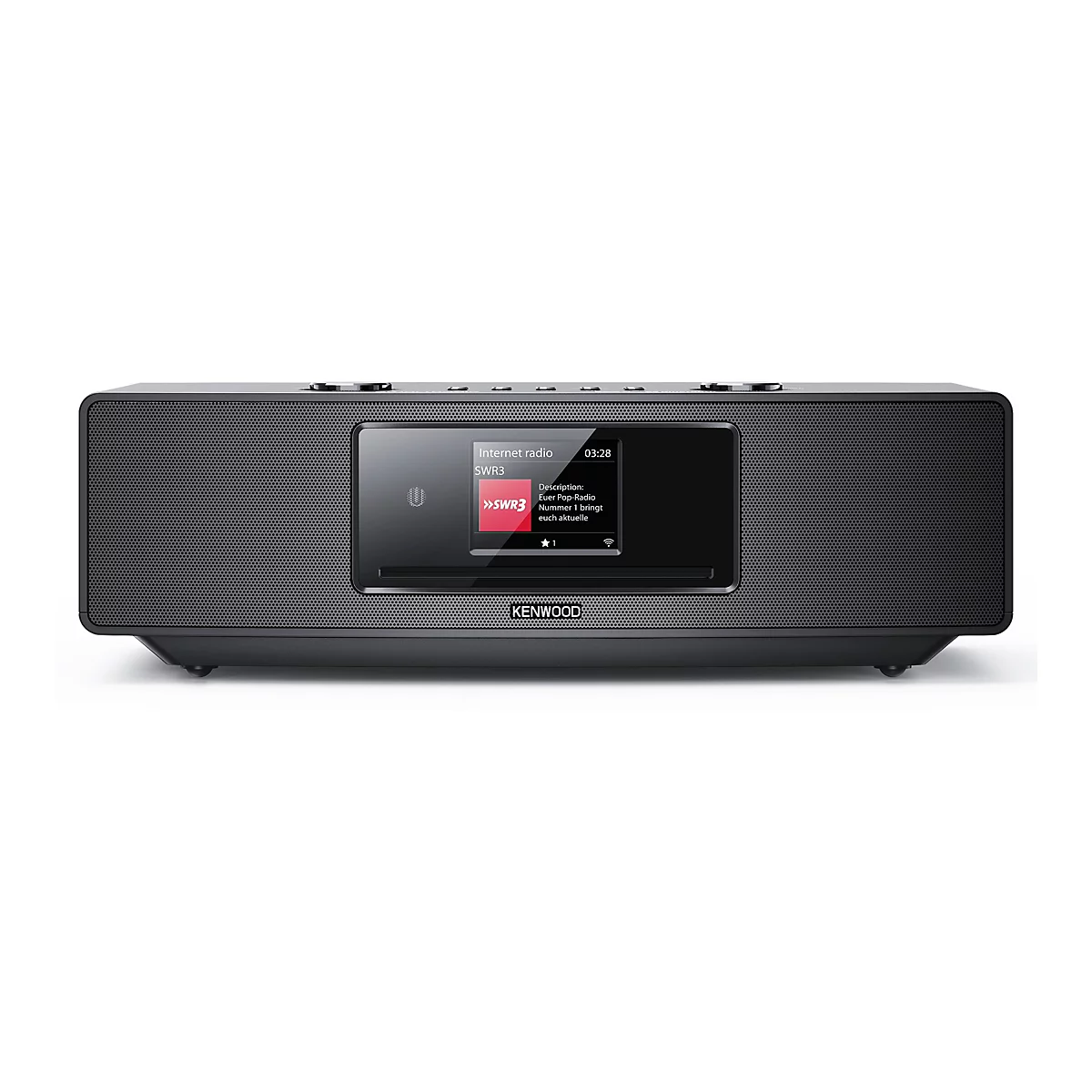 Schwarzes Kenwood Internetradio mit zentralem Farbdisplay vor weißem Hintergrund.