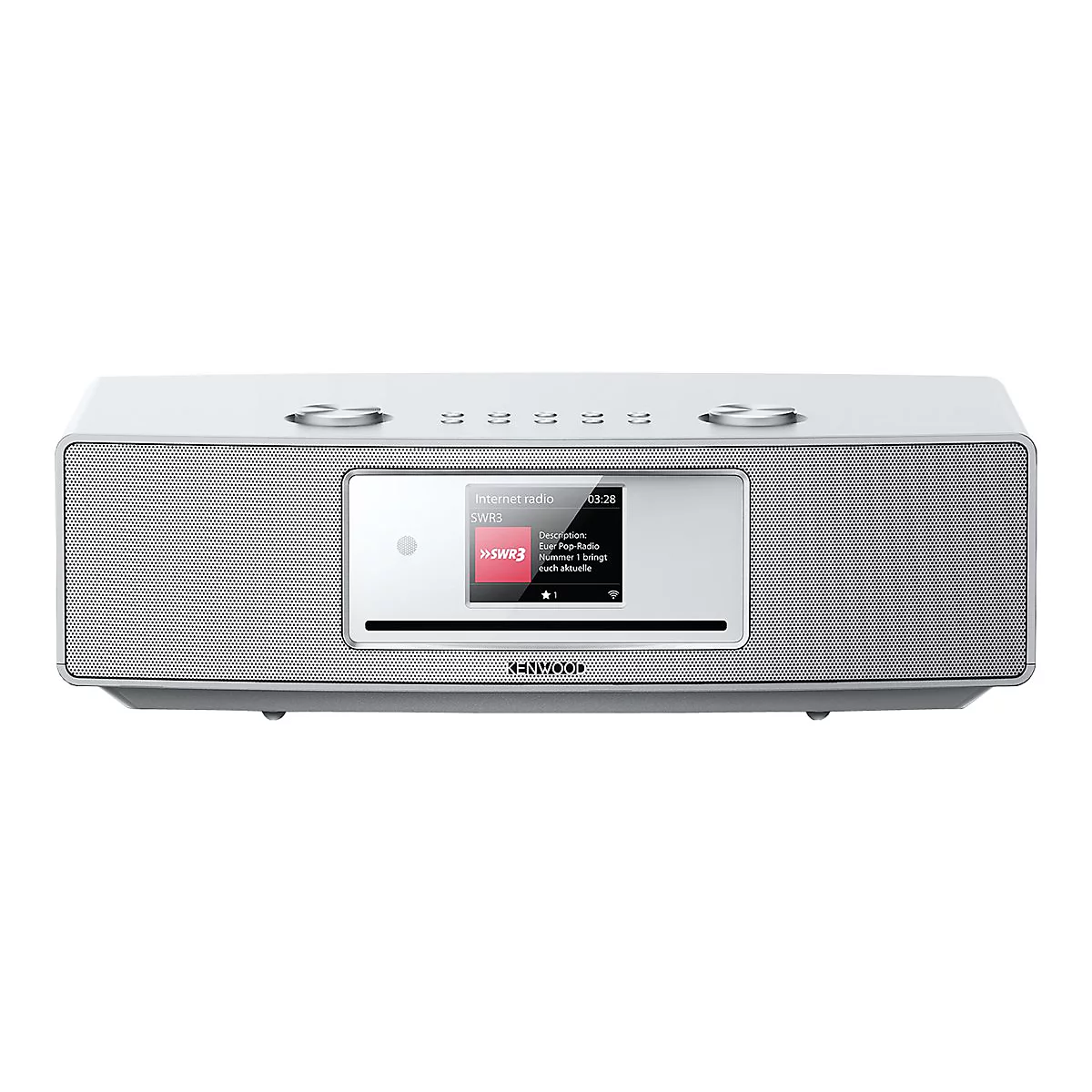 Weißes Kenwood Internetradio mit digitalem Display vor weißem Hintergrund.