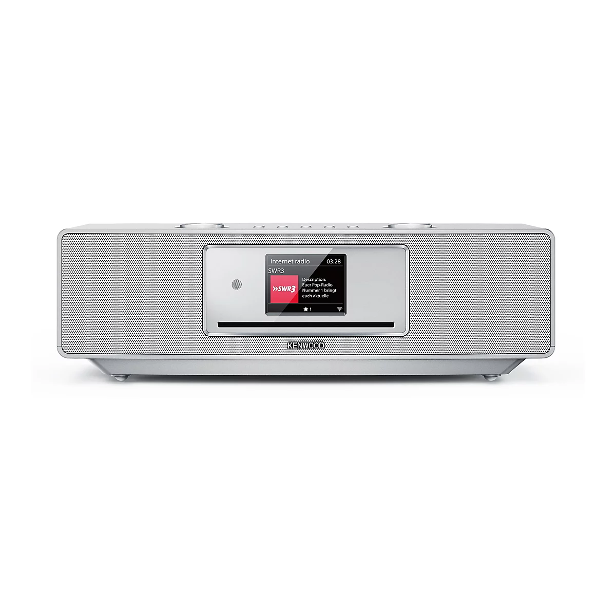 Silbernes Kenwood Internetradio mit digitalem Display vor weißem Hintergrund.
