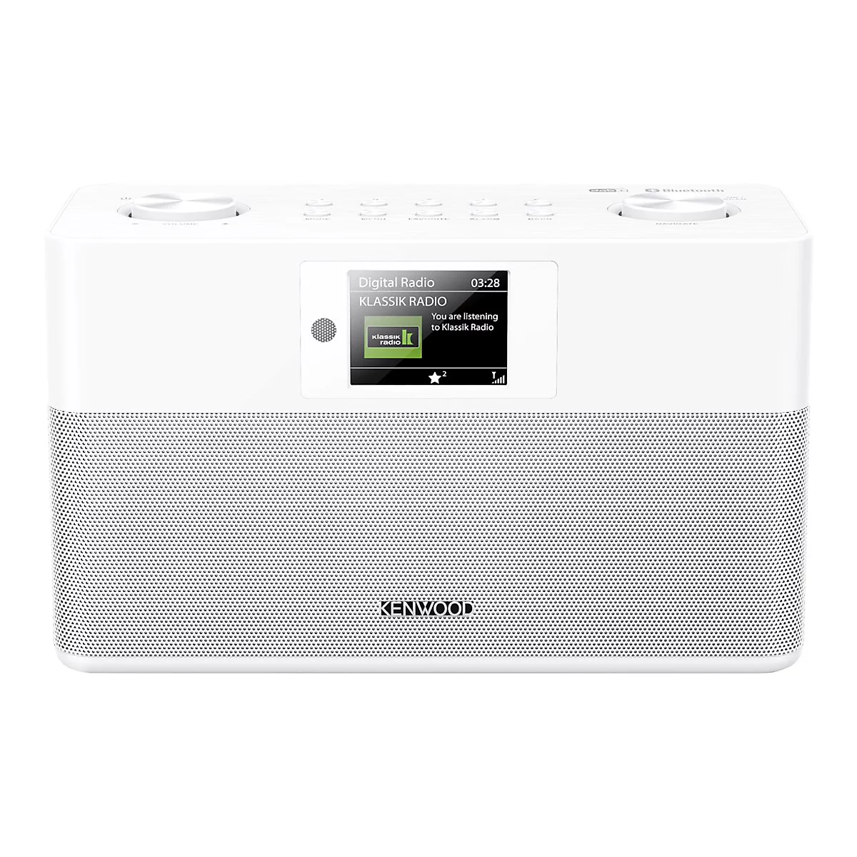 Weißes Kenwood Digitalradio mit Display, Anzeige zeigt Klassik Radio bei 03:28 Uhr.